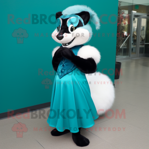 Teal Skunk mascot costume character dressed with a Ball Gown and Bow ties