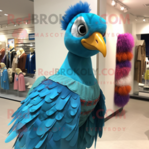 Cyan Pheasant mascot costume character dressed with a Pleated Skirt and Scarves