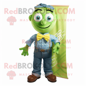 Lime Green Momentum mascot costume character dressed with a Denim Shirt and Bow ties