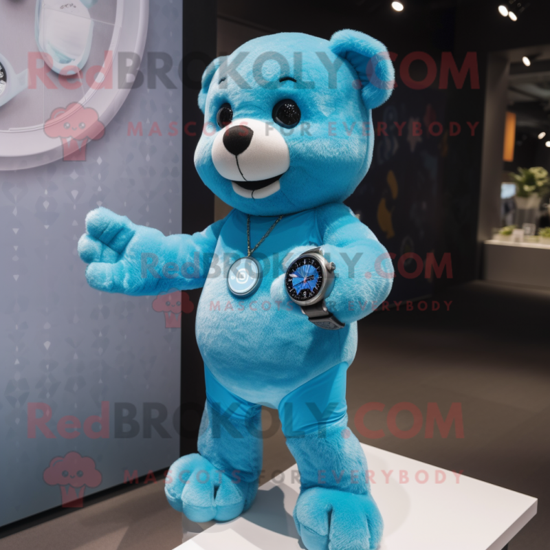 Cyan Teddy Bear mascot costume character dressed with a T-Shirt and Smartwatches