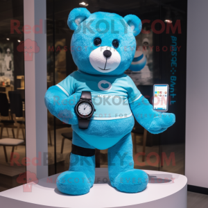 Cyan Teddy Bear mascot costume character dressed with a T-Shirt and Smartwatches