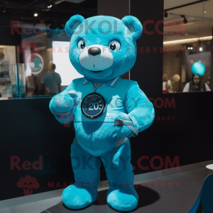 Cyan Teddy Bear mascot costume character dressed with a T-Shirt and Smartwatches