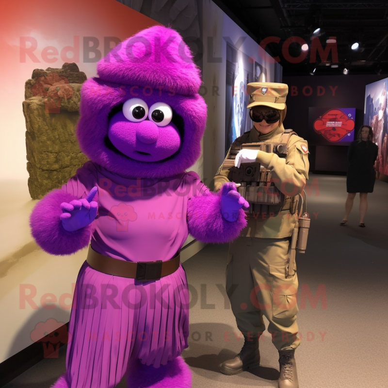 Purple Commando mascot costume character dressed with a Pleated Skirt and Watches