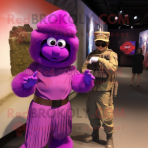 Purple Commando mascot costume character dressed with a Pleated Skirt and Watches