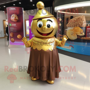 Gold Chocolates mascot costume character dressed with a Maxi Dress and Headbands