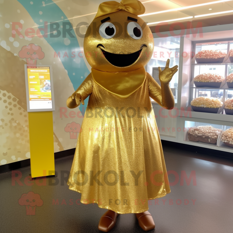 Gold Chocolates mascot costume character dressed with a Maxi Dress and Headbands