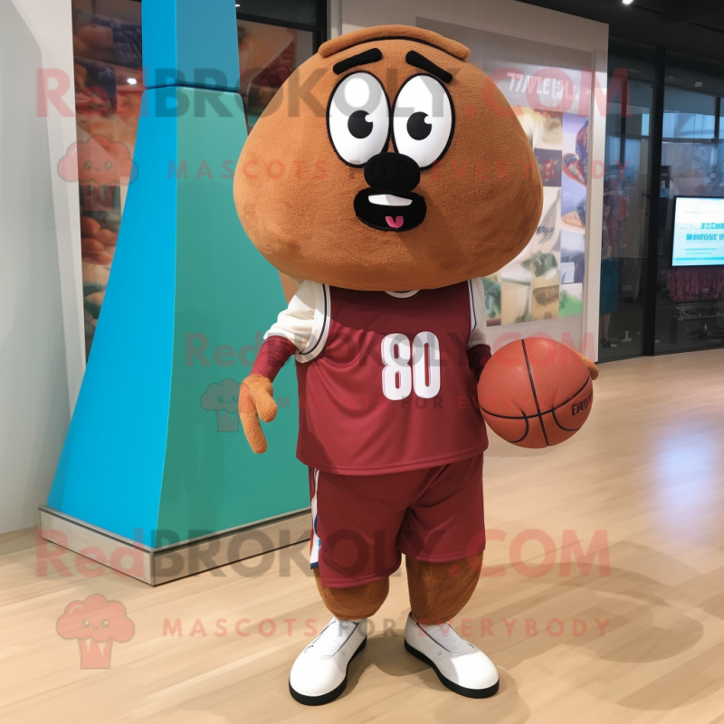 Brown Basketball Ball mascot costume character dressed with a Windbreaker and Lapel pins