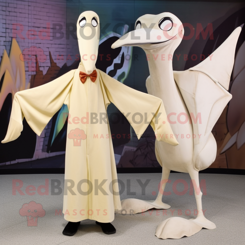 Cream Pterodactyl mascot costume character dressed with a Maxi Dress and Ties