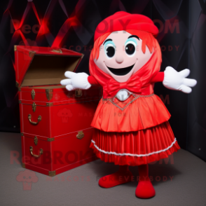 Red Treasure Chest mascot costume character dressed with a Pleated Skirt and Bracelets