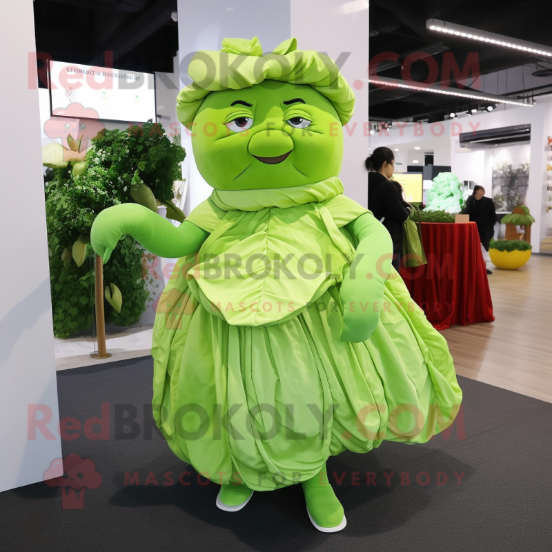 Lime Green Cabbage mascot costume character dressed with a Wrap Dress and Foot pads