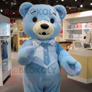 Sky Blue Teddy Bear mascot costume character dressed with a Button-Up Shirt and Pocket squares