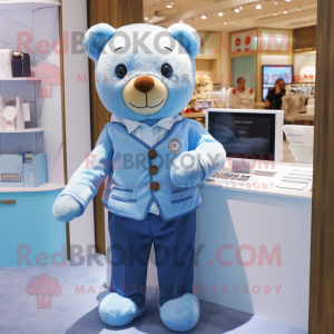 Sky Blue Teddy Bear mascot costume character dressed with a Button-Up Shirt and Pocket squares