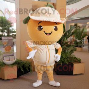 Beige Grapefruit mascot costume character dressed with a Henley Tee and Earrings
