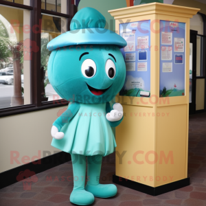 Teal Candy Box mascot costume character dressed with a Sheath Dress and Beanies
