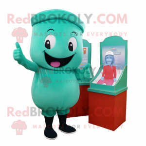 Teal Candy Box mascot costume character dressed with a Sheath Dress and Beanies