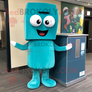 Teal Candy Box mascot costume character dressed with a Sheath Dress and Beanies