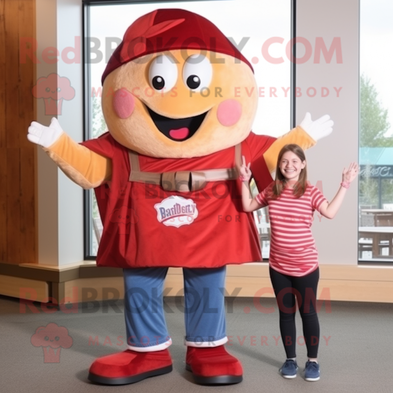Red Pizza Slice mascot costume character dressed with a Mom Jeans and Suspenders