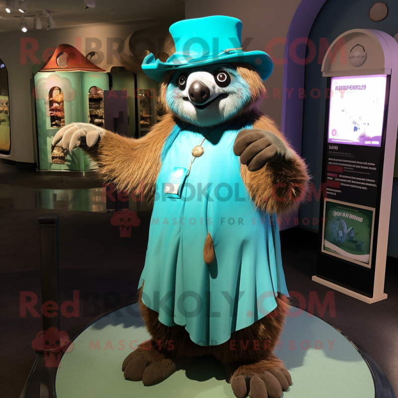 Turquoise Sloth mascot costume character dressed with a A-Line Dress and Hat pins