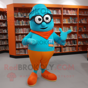 Turquoise Orange mascot costume character dressed with a Long Sleeve Tee and Reading glasses