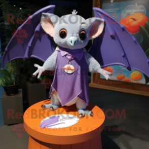 Lavender Fruit Bat mascot costume character dressed with a Swimwear and Shawl pins