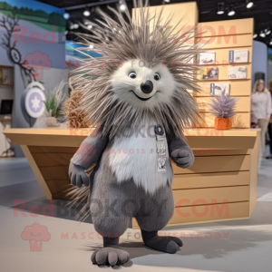 Gray Porcupine mascot costume character dressed with a Culottes and Hairpins