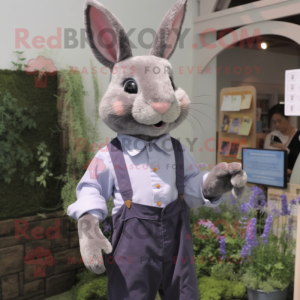 Lavender Wild Rabbit mascot costume character dressed with a Poplin Shirt and Suspenders