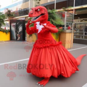 Red Velociraptor mascot costume character dressed with a Ball Gown and Foot pads
