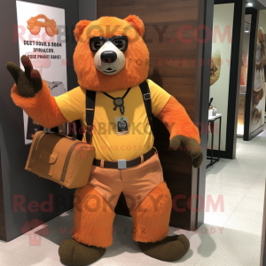 Orange Sloth Bear mascot costume character dressed with a Oxford Shirt and Messenger bags