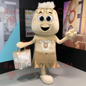 Tan Ice mascot costume character dressed with a Henley Tee and Clutch bags