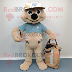 Tan Ice mascot costume character dressed with a Henley Tee and Clutch bags