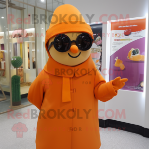 nan Orange mascot costume character dressed with a Coat and Sunglasses