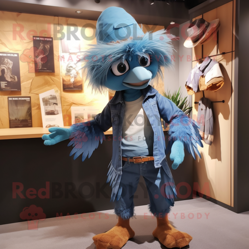 Cyan Harpy mascot costume character dressed with a Denim Shorts and Caps