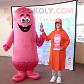 Pink Bottle Of Ketchup mascot costume character dressed with a Long Sleeve Tee and Watches