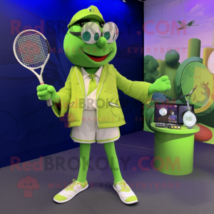 Lime Green Tennis Racket mascot costume character dressed with a Suit Jacket and Digital watches