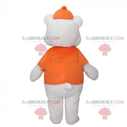 Mascotte grande orso bianco vestita di arancione con un