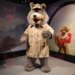 Beige Werewolf mascot costume character dressed with a Raincoat and Cummerbunds