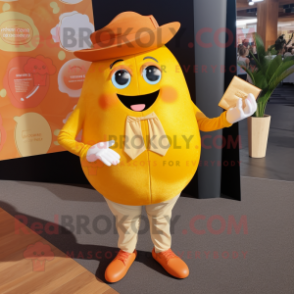 Gold Grapefruit mascot costume character dressed with a Dress Shirt and Wallets