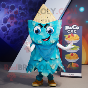 Cyan Nachos mascot costume character dressed with a Mini Dress and Shoe clips