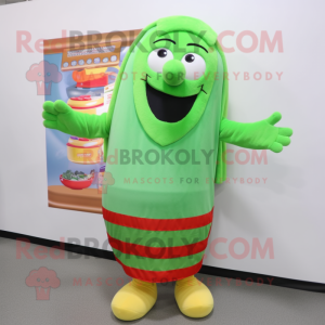 Green Hot Dog mascot costume character dressed with a Cardigan and Hair clips
