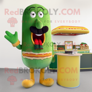 Green Hot Dog mascot costume character dressed with a Cardigan and Hair clips