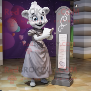 Gray Love Letter mascot costume character dressed with a Maxi Dress and Anklets