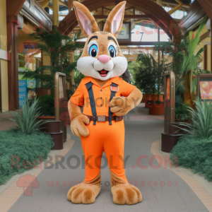 Orange Wild Rabbit mascot costume character dressed with a Henley Shirt and Belts