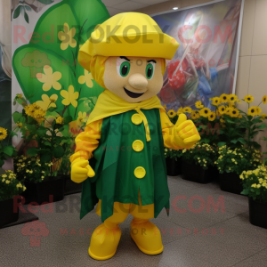 Yellow Bunch Of Shamrocks mascot costume character dressed with a Raincoat and Belts