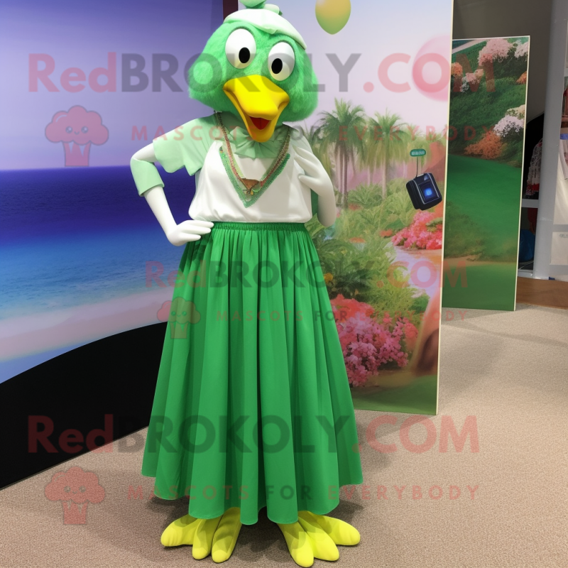 Green Gull mascot costume character dressed with a Maxi Skirt and Anklets