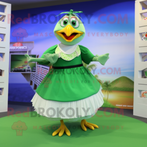 Green Gull mascot costume character dressed with a Maxi Skirt and Anklets