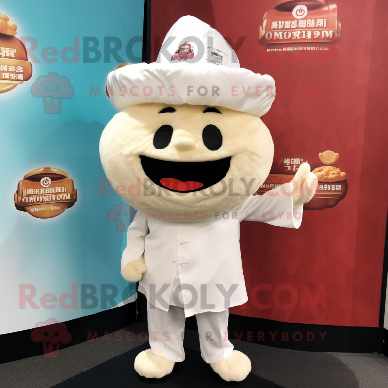 Cream Dim Sum mascot costume character dressed with a V-Neck Tee and Hat pins