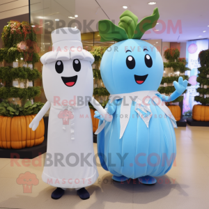 Sky Blue Radish mascot costume character dressed with a Wedding Dress and Belts