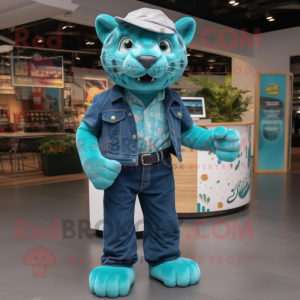 Teal Jaguar mascot costume character dressed with a Denim Shirt and Shoe clips