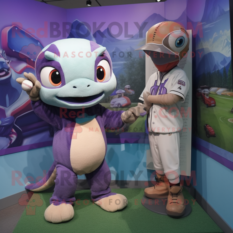 Lavender Geckos mascot costume character dressed with a Baseball Tee and Mittens