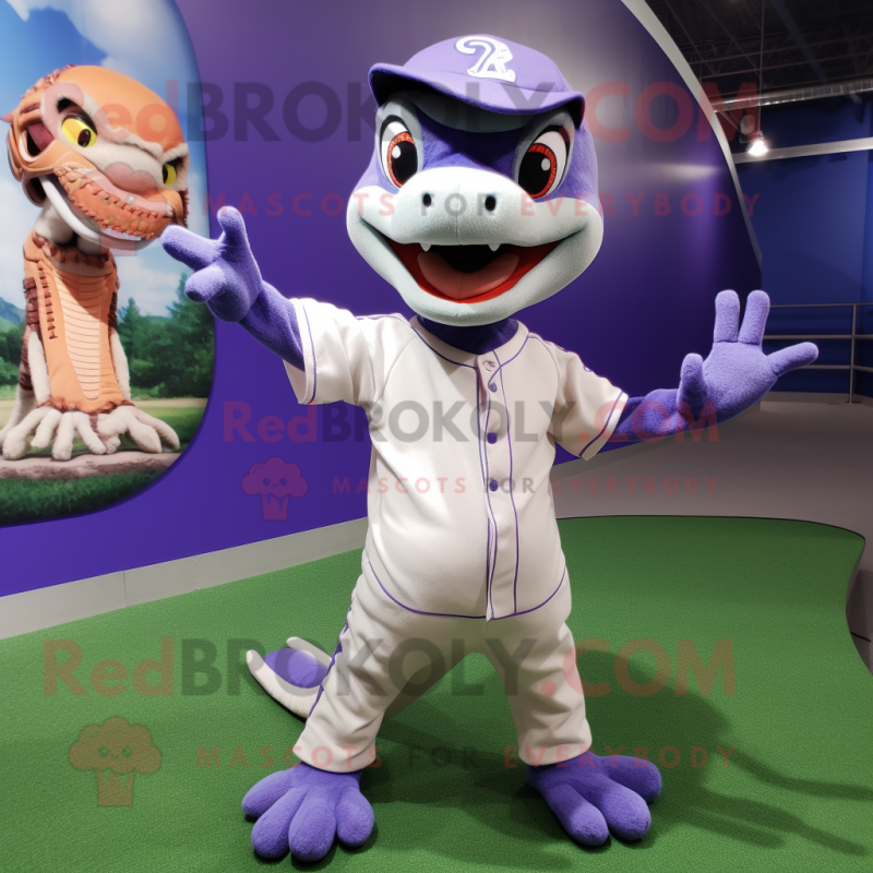 Lavender Geckos mascot costume character dressed with a Baseball Tee and Mittens